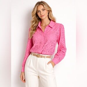 Joie Pink Eyelet Button Down Blouse Embroidered Size L
